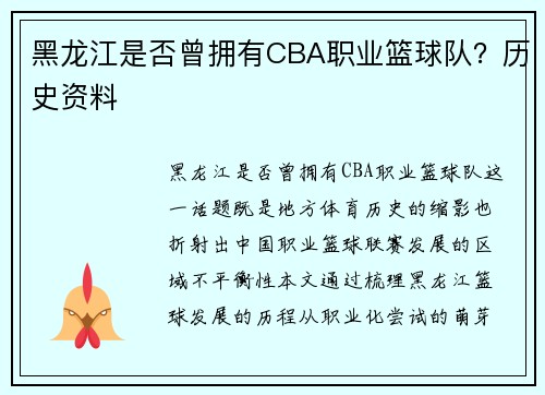 黑龙江是否曾拥有CBA职业篮球队？历史资料